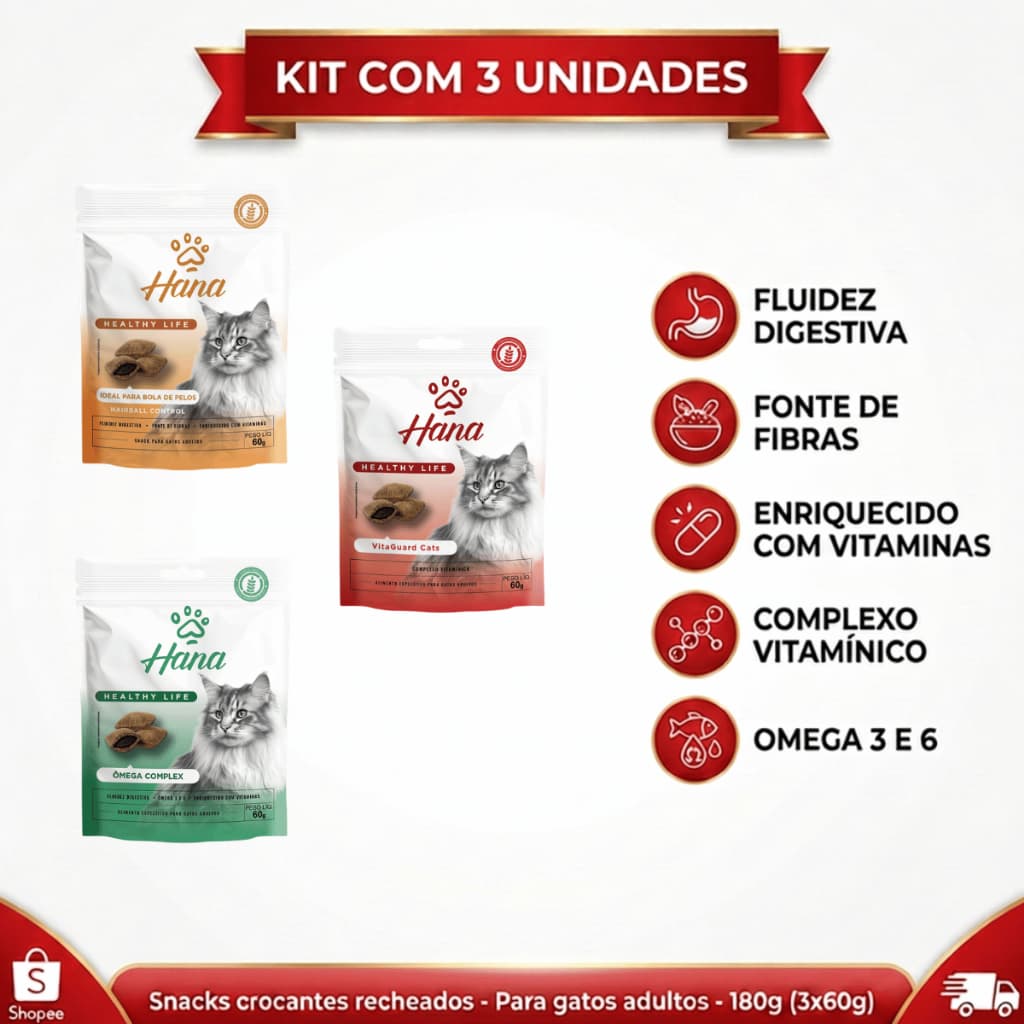 Kit 3 pacotes Petiscos Hana Nuggets 60g cada - 1 Complexo vitamínico + 1 Vitaguard +  1 Controle de bolas de pelos