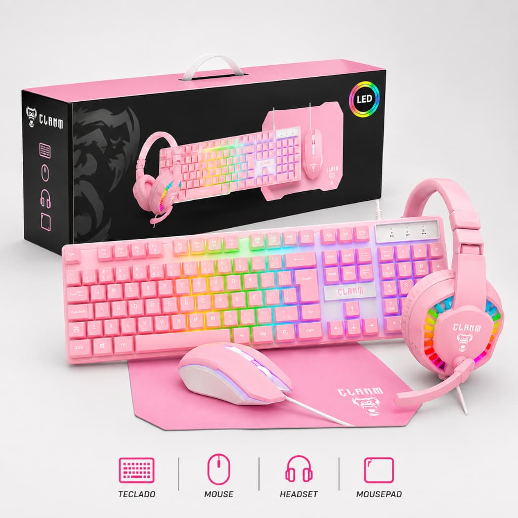 Kit Gamer Combo Rosa 4 em 1 Teclado ABNT2, Mouse, Headset e MousePad  Candy Clanm