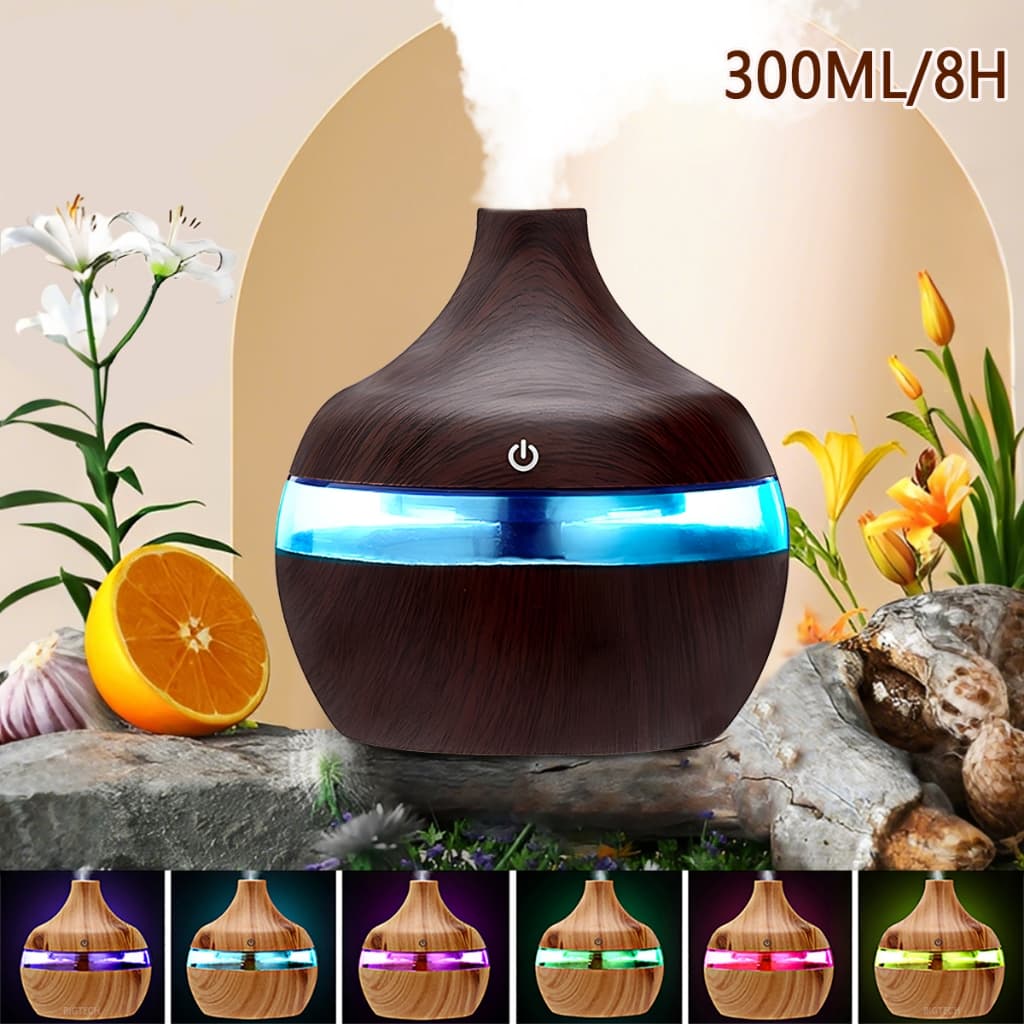 Portatil Umidificador De Ar E Aromatizador Difusor De Ambiente madeira 8H 300ML Luzes De 7 Cores USB