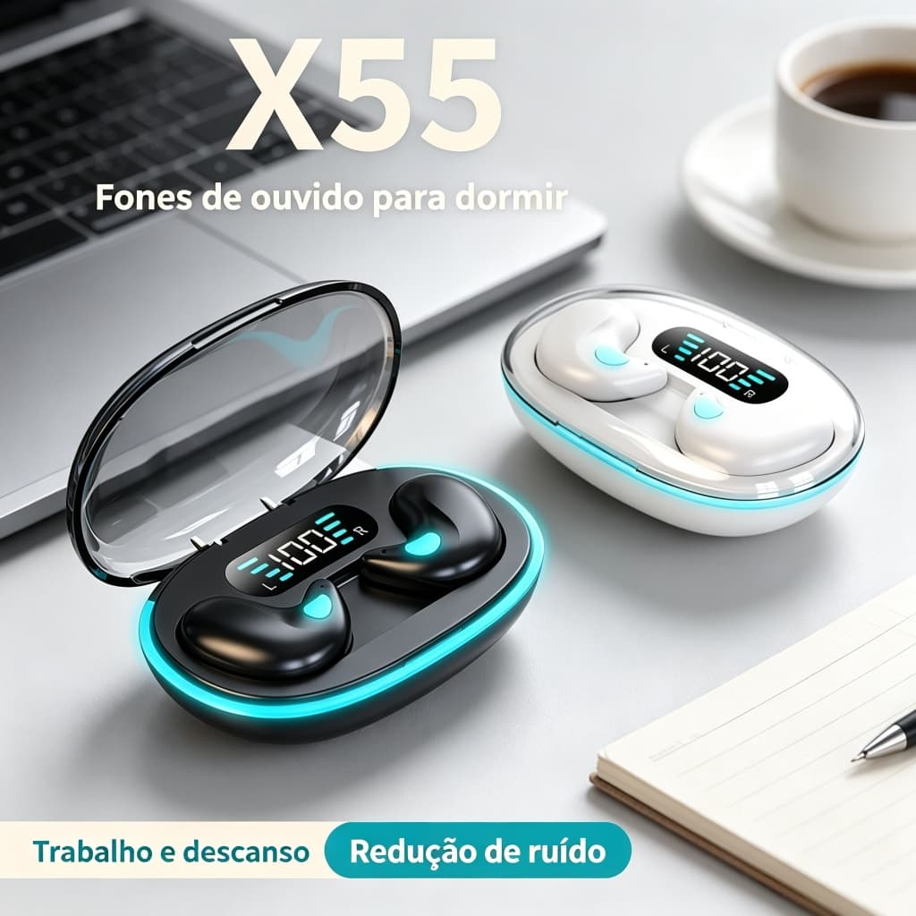 X55 Fones Sem Fio Invisíveis Para Dormir, Redução De Ruído E Resistência À Água, Ultra Fino 1cm Para Uso Diário E Ao Ar