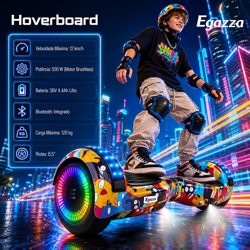 Egazza Hoverboard Skate elétrico infantil bateria de grande capacidade LED Bluetooth 6,5 polegadas