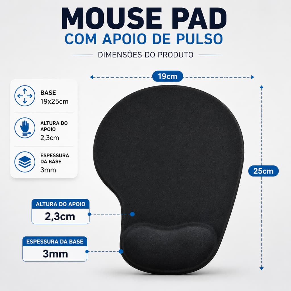 Suporte Mouse Pad Ergonômico com Apoio de Punho Super Macio BLACK