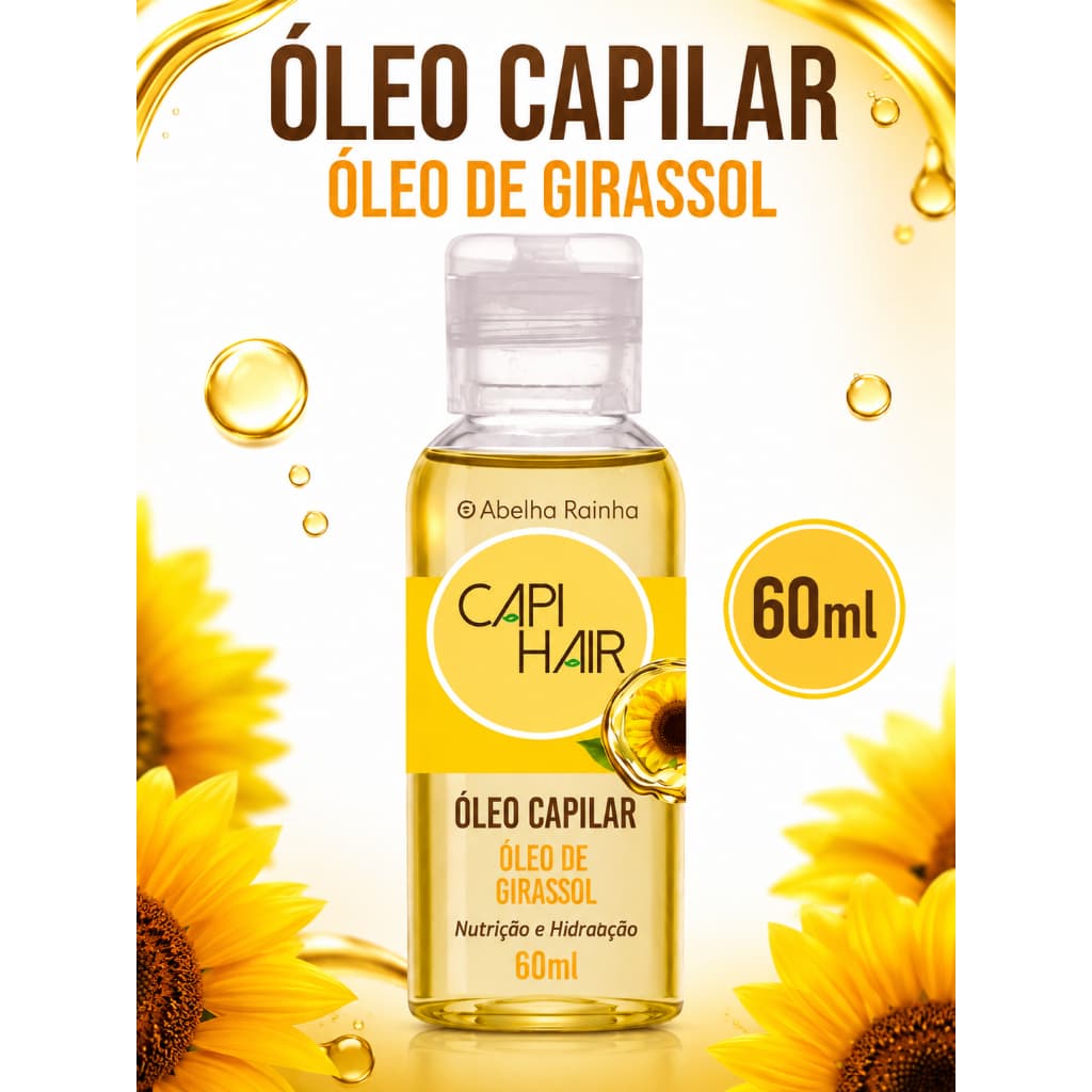 Óleo Capilar de Girassol Capi Hair Abelha Rainha 60ml Nutrição Hidratação Cuidado Capilar para Cabelos Uso Diário e Fios