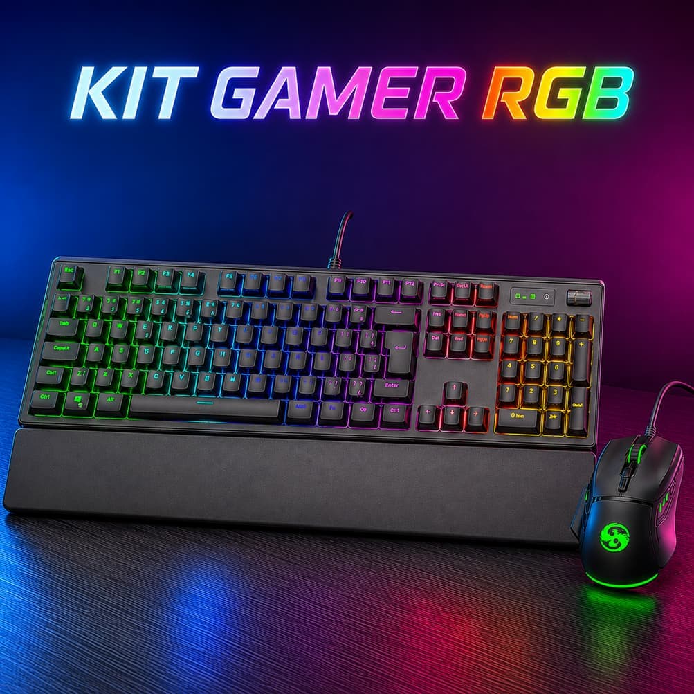 Kit Teclado Mecânico Gamer + Mouse Gamer RGB 7200 DPI 7 Botões Switch Red LED Fire Phoenix BK-09