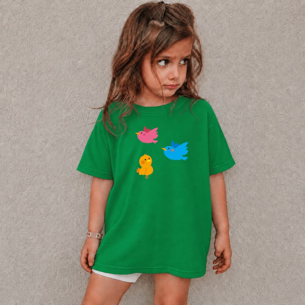 Camisa Feminina 100% Algodão Infantil Estampada Desenho Pássaros Fofinhos Blusa Para Meninas Colorida Confortável Casual
