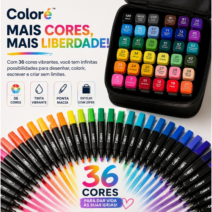 Coloré - Estojo Canetas Hidrográficas Coloridas Kit 36 Unidades Alta Qualidade Vivo Pigmento