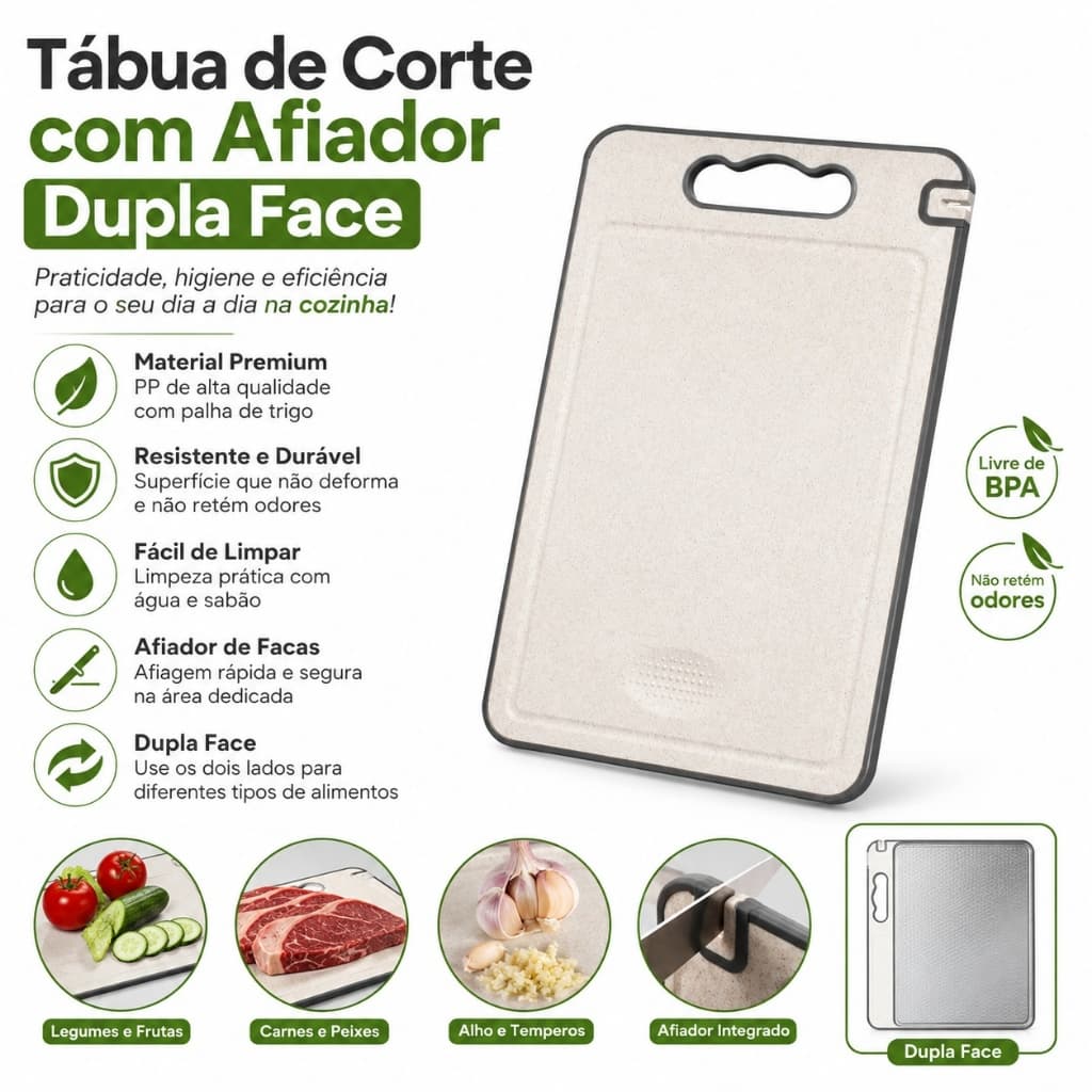 Tábua de Corte Dupla Face Aço Inox 304 e PP com Afiador e Alça para Carne e Legumes