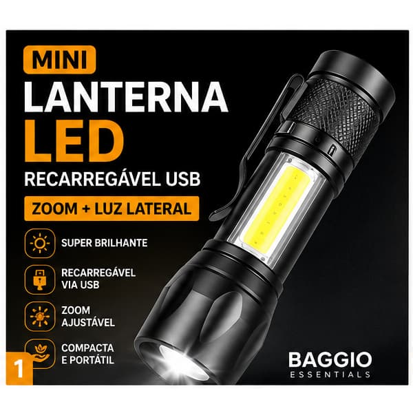 Mini Lanterna LED Recarregável USB com Zoom e Luz Lateral