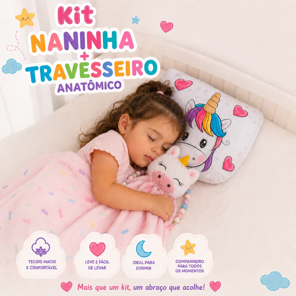 Kit Conjunto Naninha Paninho com Bichinho Pelúcia Travesseiro Anatômico Bebe Apoio de cabeça