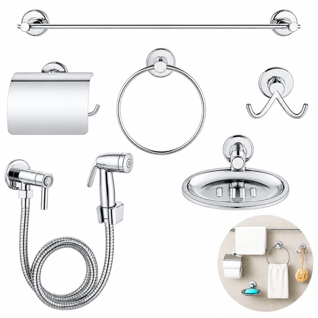 Kit Acessórios Banheiro 5 Peças Inox Cromado + Ducha Higiênica Chuveirinho Íntimo Lavabo