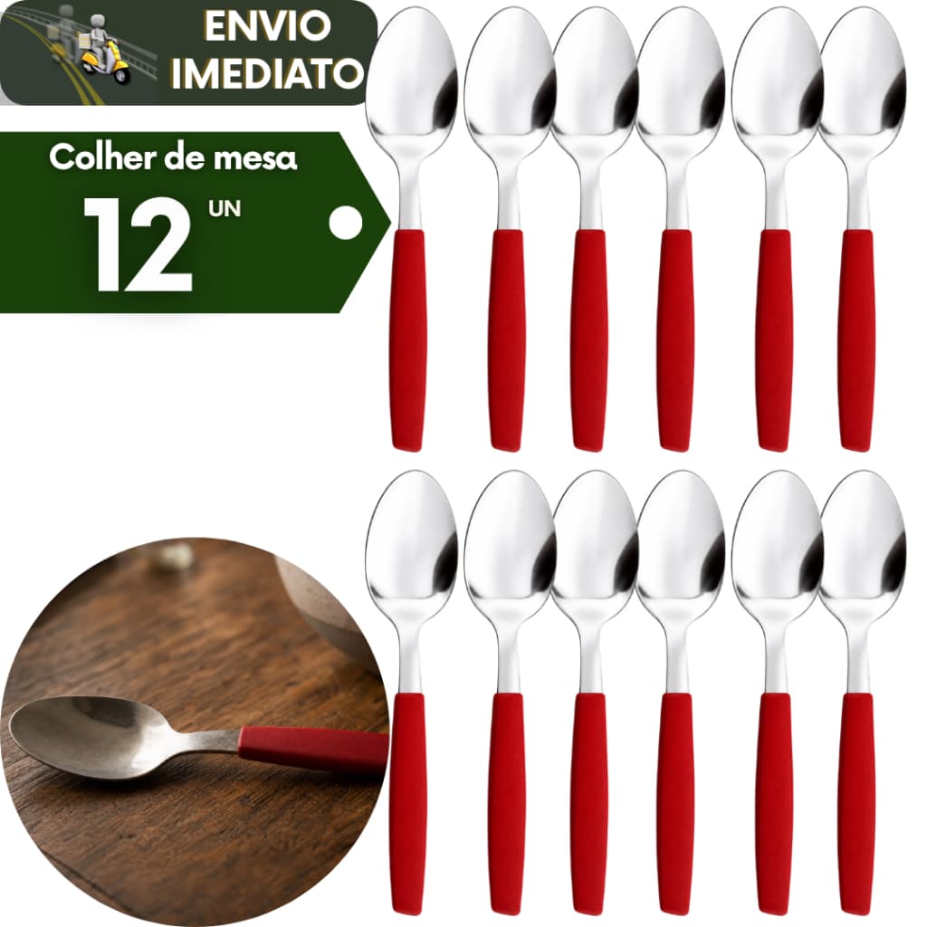 Kit 12 Colheres de Mesa Inox Cabo Plástico para Refeições Almoço Jantar e Cozinha e Restaurante