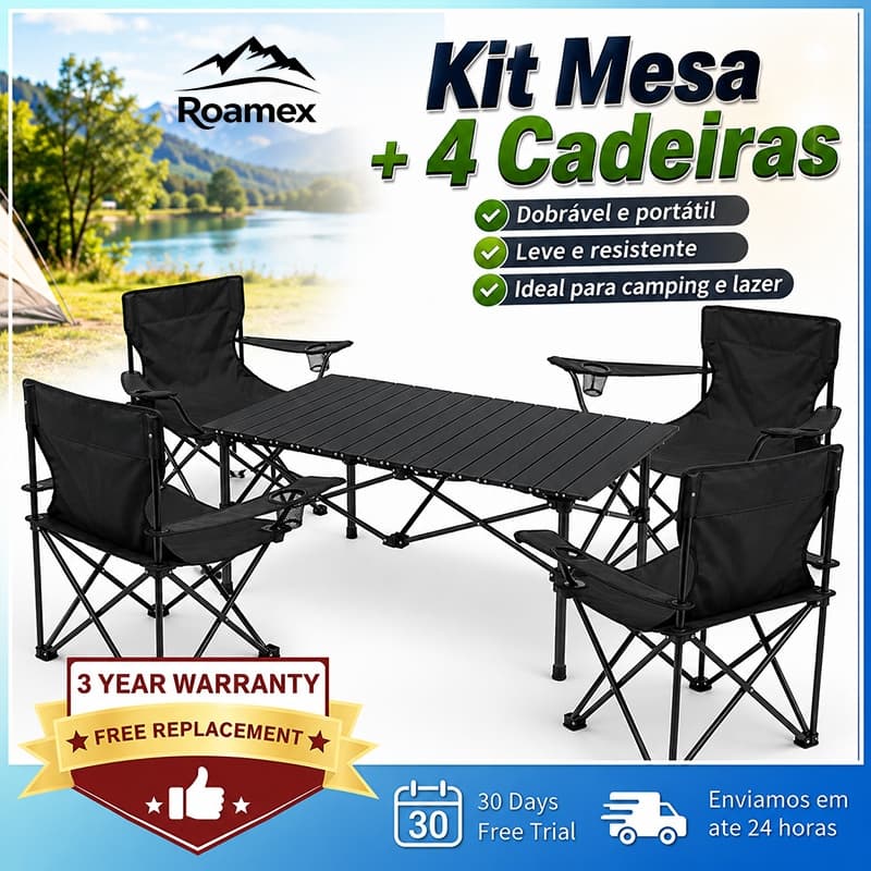 Kit Mesa Dobrável com 4 Cadeiras Camping Portátil para Praia Churrasco Piquenique Área Externa Mesa e Cadeiras Dobráveis