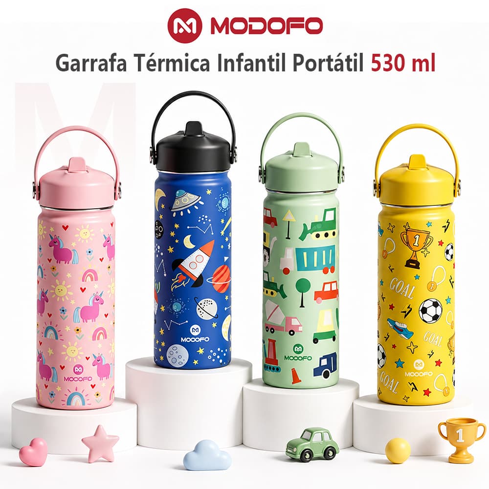 MODOFO Garrafa Térmica Infantil 530ML com Canudo Antivazamento Inox 304 para Meninos e Meninas