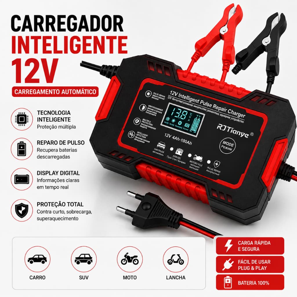 Carregador de Bateria Automotivo 12V Inteligente para Carro Moto e Caminhão Display Digital Automático Reparo de Pulso