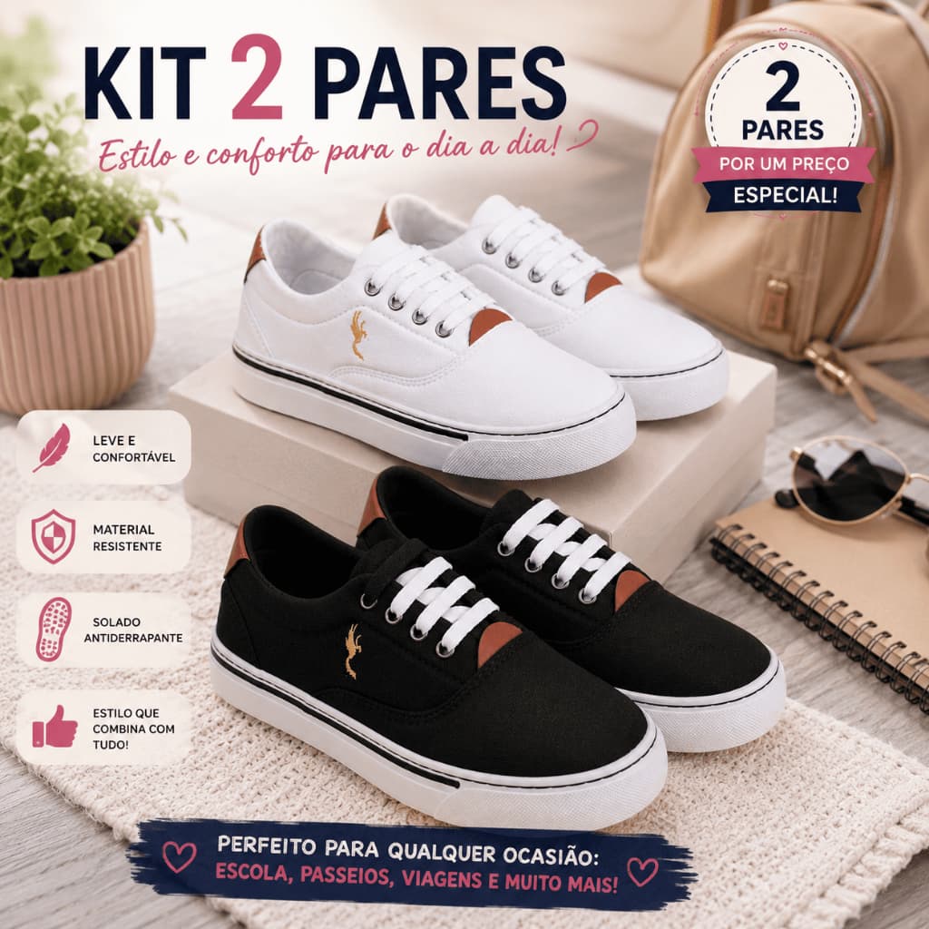 Kit 2 Pares Tênis Feminino Casual Old Street Sola Baixa em Lona Leve e Confortável Dia a Dia