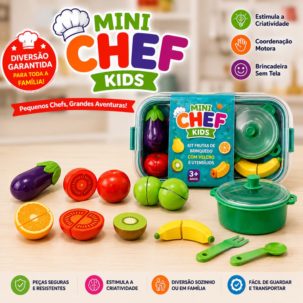 Kit Frutas e Legumes  de Brinquedo Infantil Com Velcro e Utensílios - Mini Chef kids
