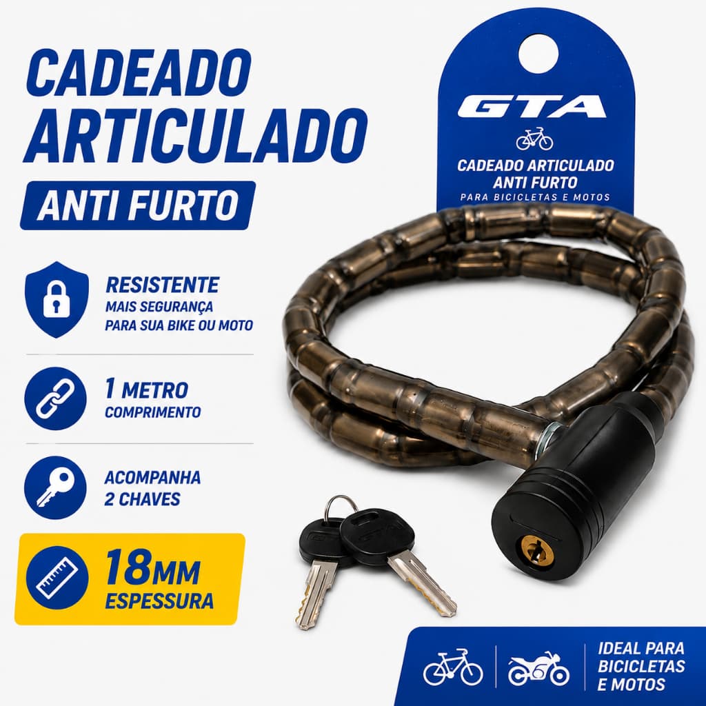 Cadeado Grosso Articulado 18 mm x 100cm Bicicleta Bike Moto GTA Reforçado Trava Grossa