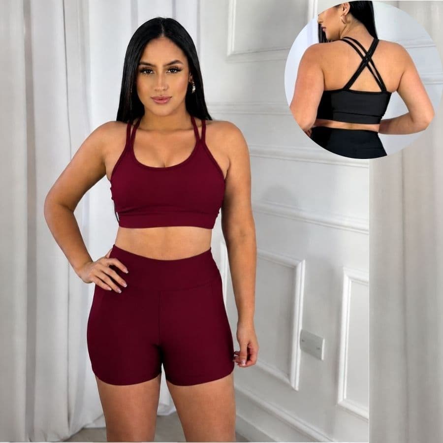 Conjunto Fitness - Top e Short Feminino com Bojo Removível de Tecido Suplex Zero Transparencia Liso Básico Cintura Alta