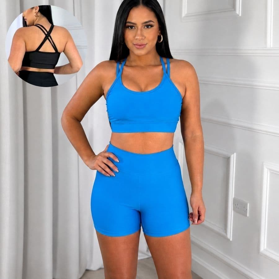 Conjunto Fitness Top e Short Feminino com Bojo Removível Tecido Suplex com Zero Transparencia Liso Básico Cintura Alta