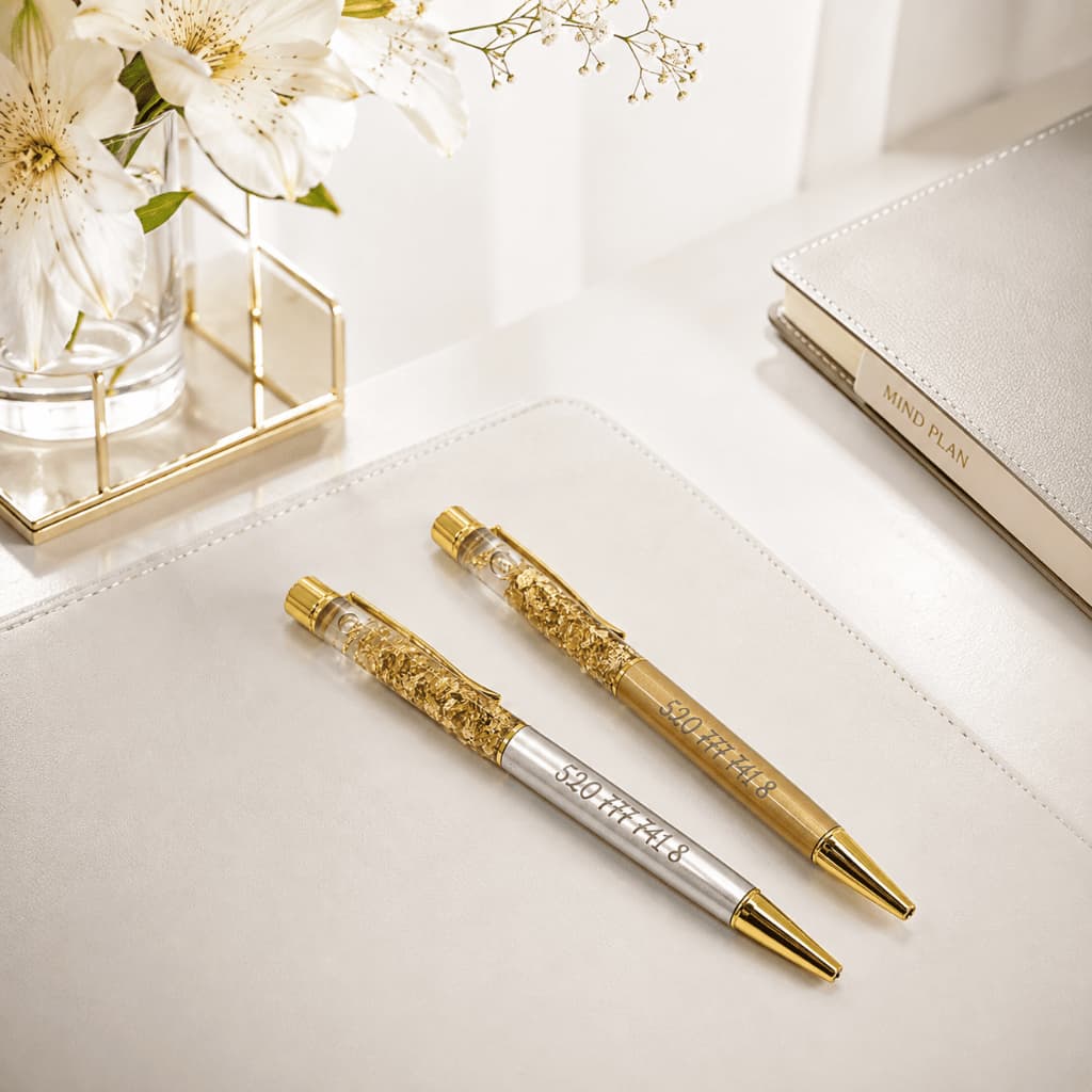 Kit 2 Canetas Códigos Grabovoi 520 com Folhas de Ouro Luxo Dourada e Prata Tinta Preta Prosperidade