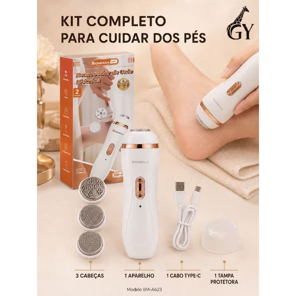 Removedor de Calos Elétrico BOMMAX BM-A623 com 3 Cabeças, 2 Velocidades e Carregamento Type-C