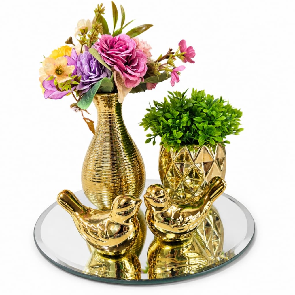 Kit Decoração Mesa Centro com Vaso Dourado com Flores, Passarinhos e Bandeja Espelhada