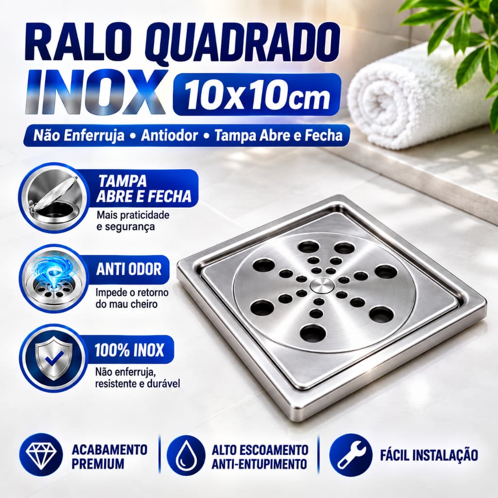 Ralo Completo Banheiro Aço Inox com Tampa Abre e Fecha — Alta Durabilidade e Resistência