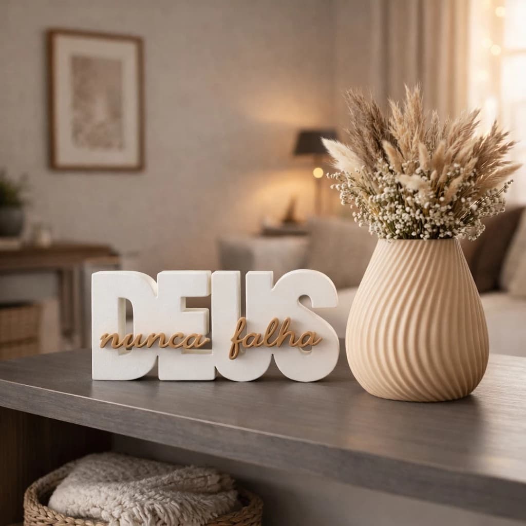 KIT Letreiro DEUS Nunca Falha + Vaso Minimalista Decorativo Fé Elegância e Estilo para Seu Ambiente