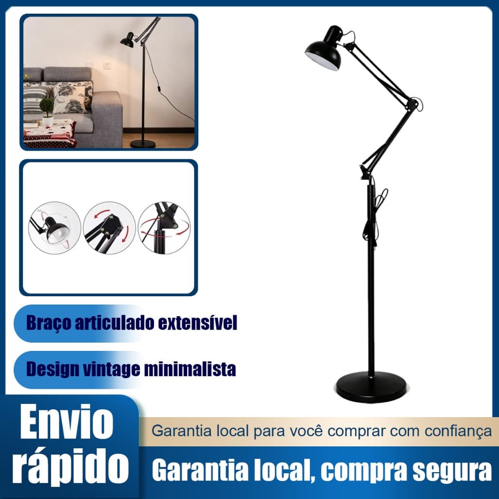Luminária de chão braço articulado metálico ajustável altura máxima 190cm abajur para sala quarto escritório leitura