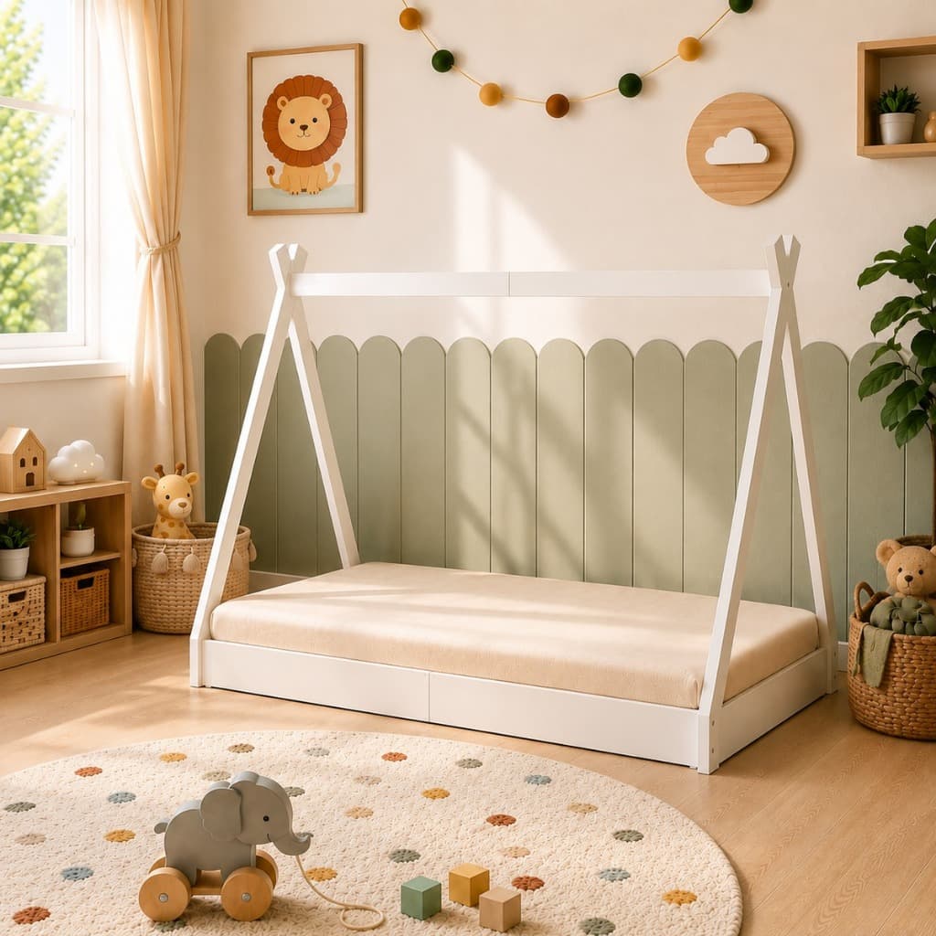Cama Infantil Cabana Montessori Com Colchão Incluso MDF Branco Casinha Menino e Menina
