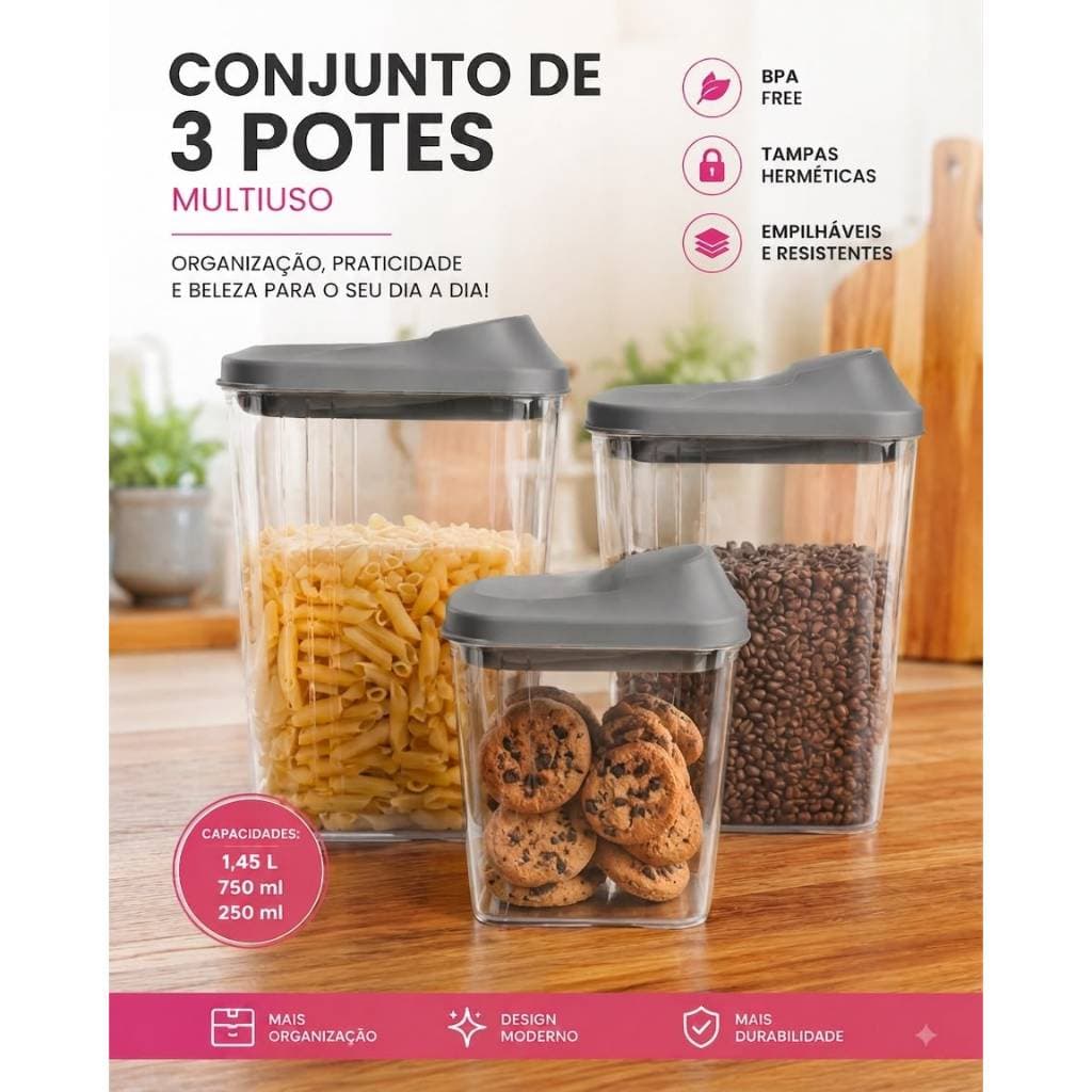 Conjunto 3 potes Multi-uso ,1,45 L, 750 ml ,250 ml.