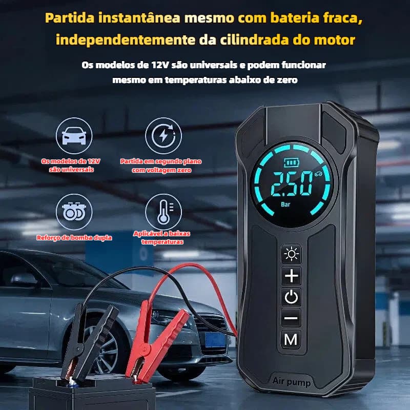 Compressor de Ar Portátil - Power Bank 8000mAh, Auxiliar de Partida, Calibrador de Pneus