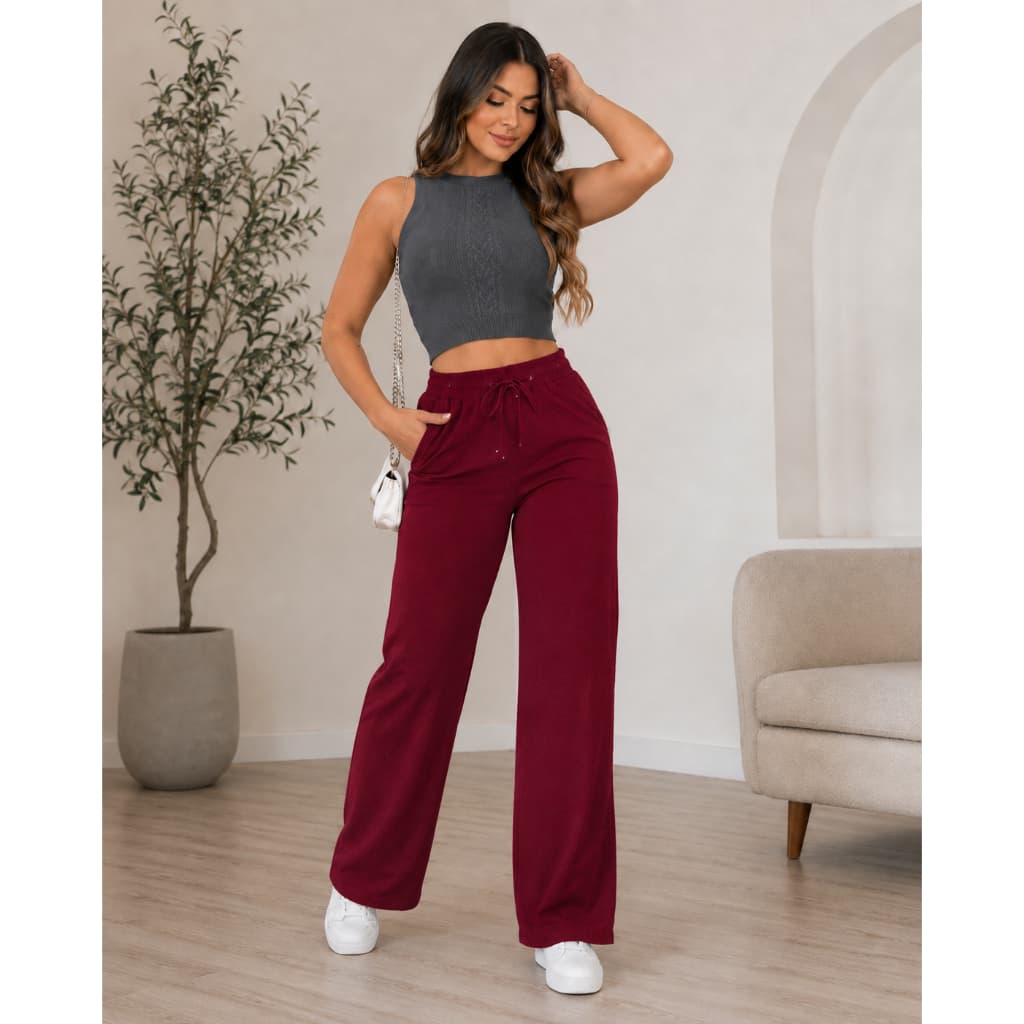 Calça Pantalona Lanzinha Feminina Cintura Alta Caimento Elegante com Amarração