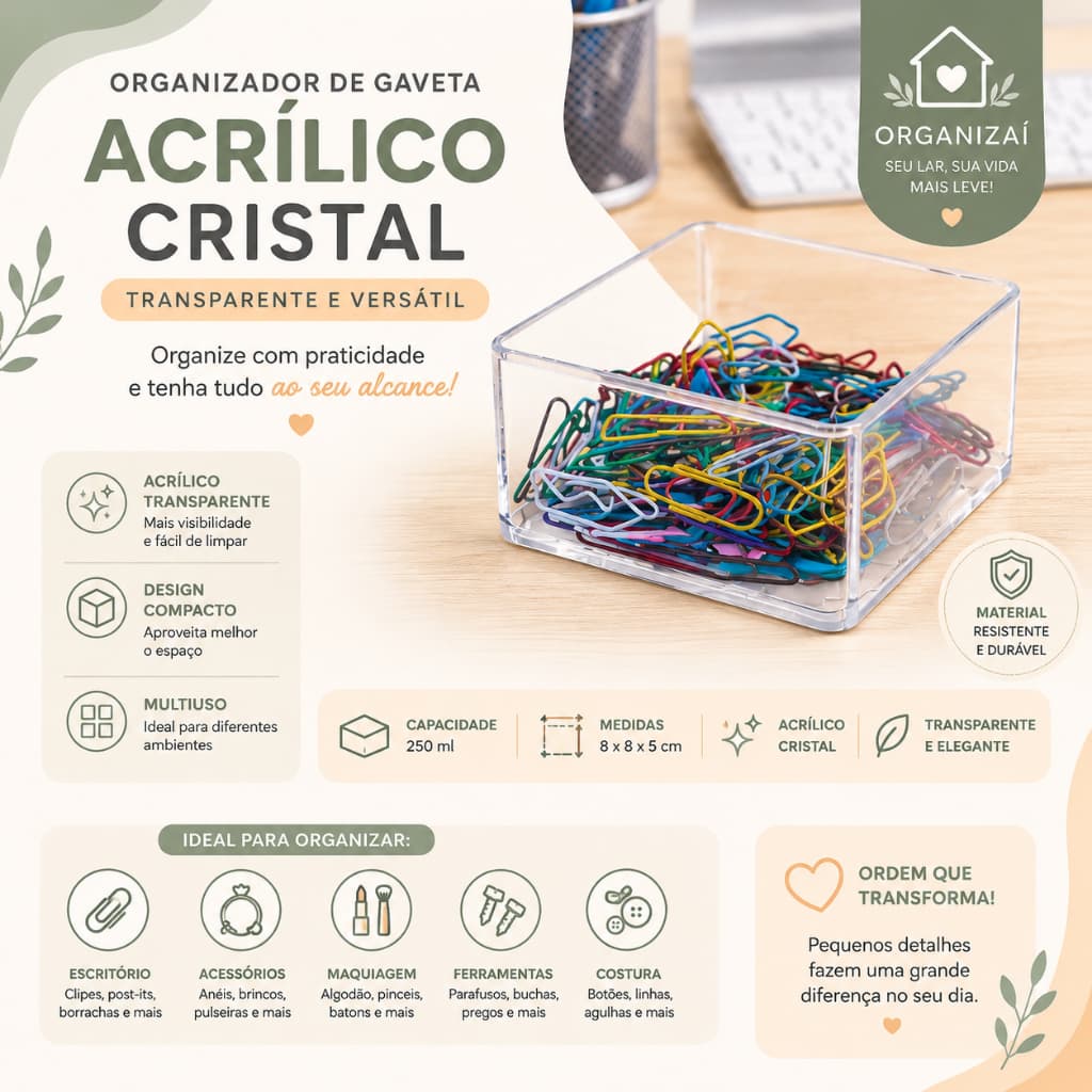 Porta Objetos Organizador Acrílico Transparente 250ml 8x8x5cm Multiuso