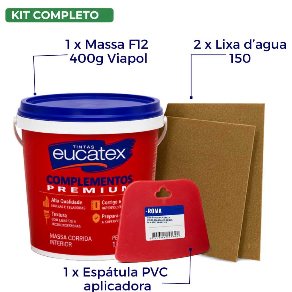 Kit Massa corrida Pequena 900ml com Espatula e 2 lixa reboco parede acabamento economico
