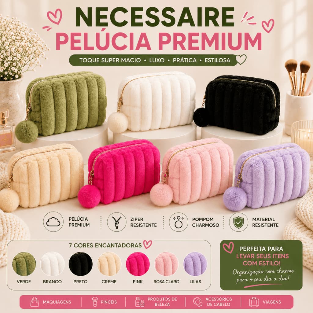 Necessaire Feminina Pelúcia com Pompom Estojo Organizador Maquiagem Fofo 7 Cores