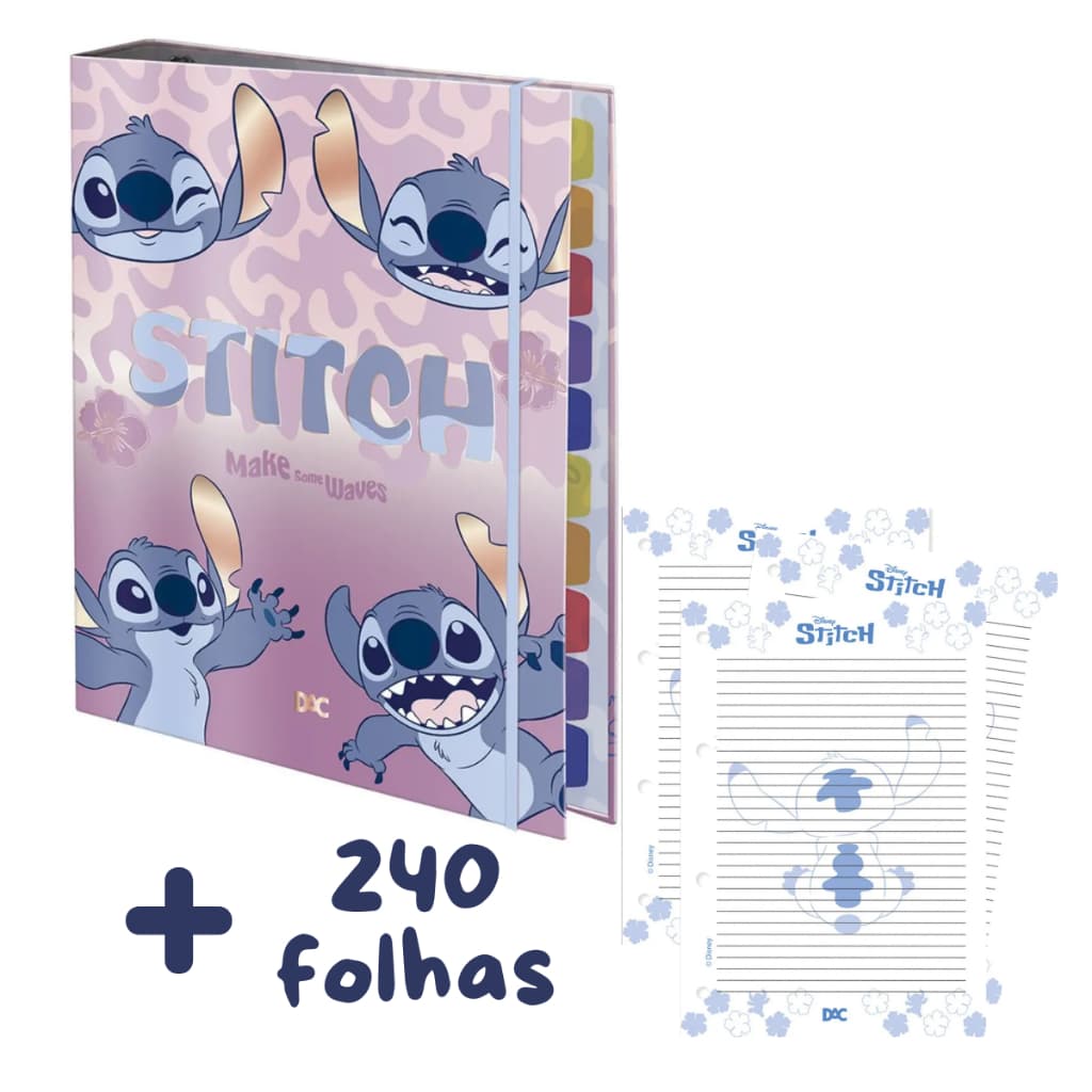 Fichário Universitário A4 Stitch 240 folhas DAC Caderno Argolado com Folhas Organizador Escolar