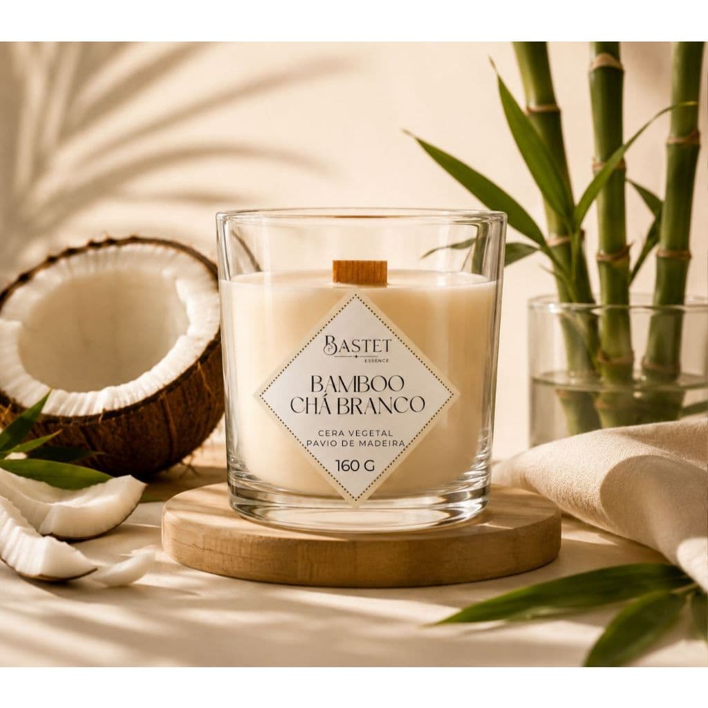 Vela Aromática Bamboo Chá Branco | Perfumada | Pavio de Madeira | 160 gramas | Cera de Coco | Vegetal