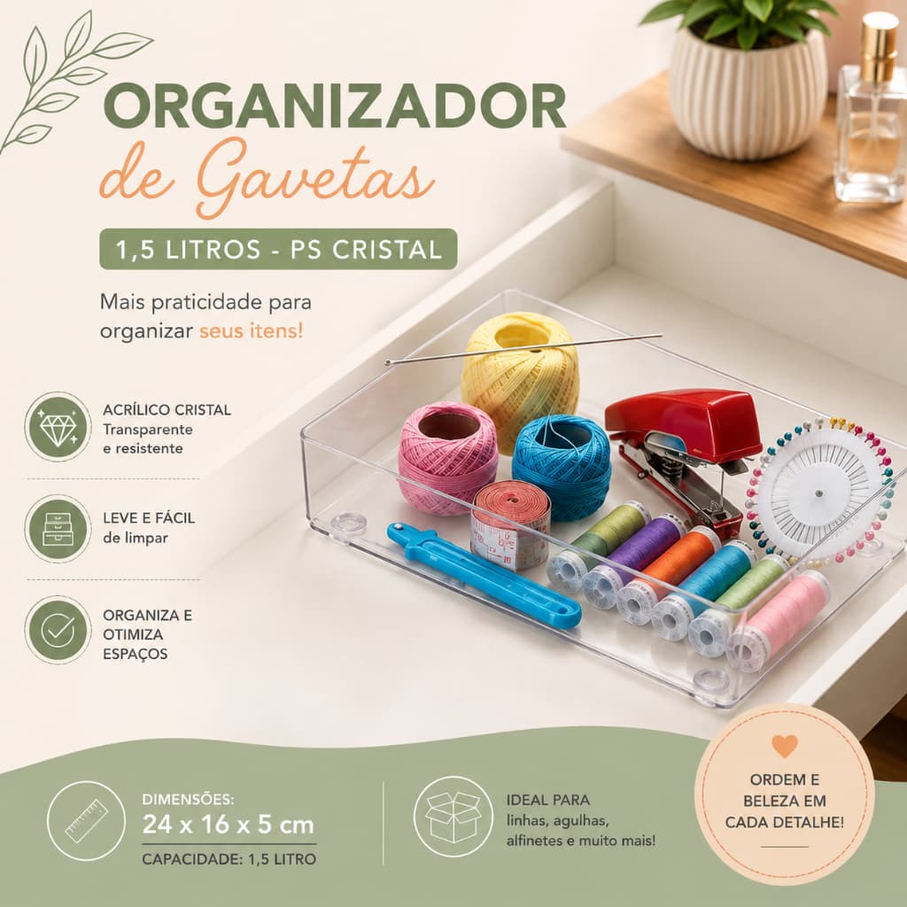 Organizador Cristal 1,5L para Gaveta Maquiagem Acessórios Costura