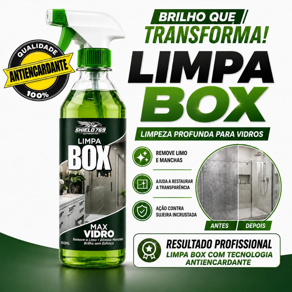 Limpa Box Vidro Banheiro 500ml - Remove Mancha de Vidros - Elimina Calcário Sem Esforço - Tecnologia Antiencardante