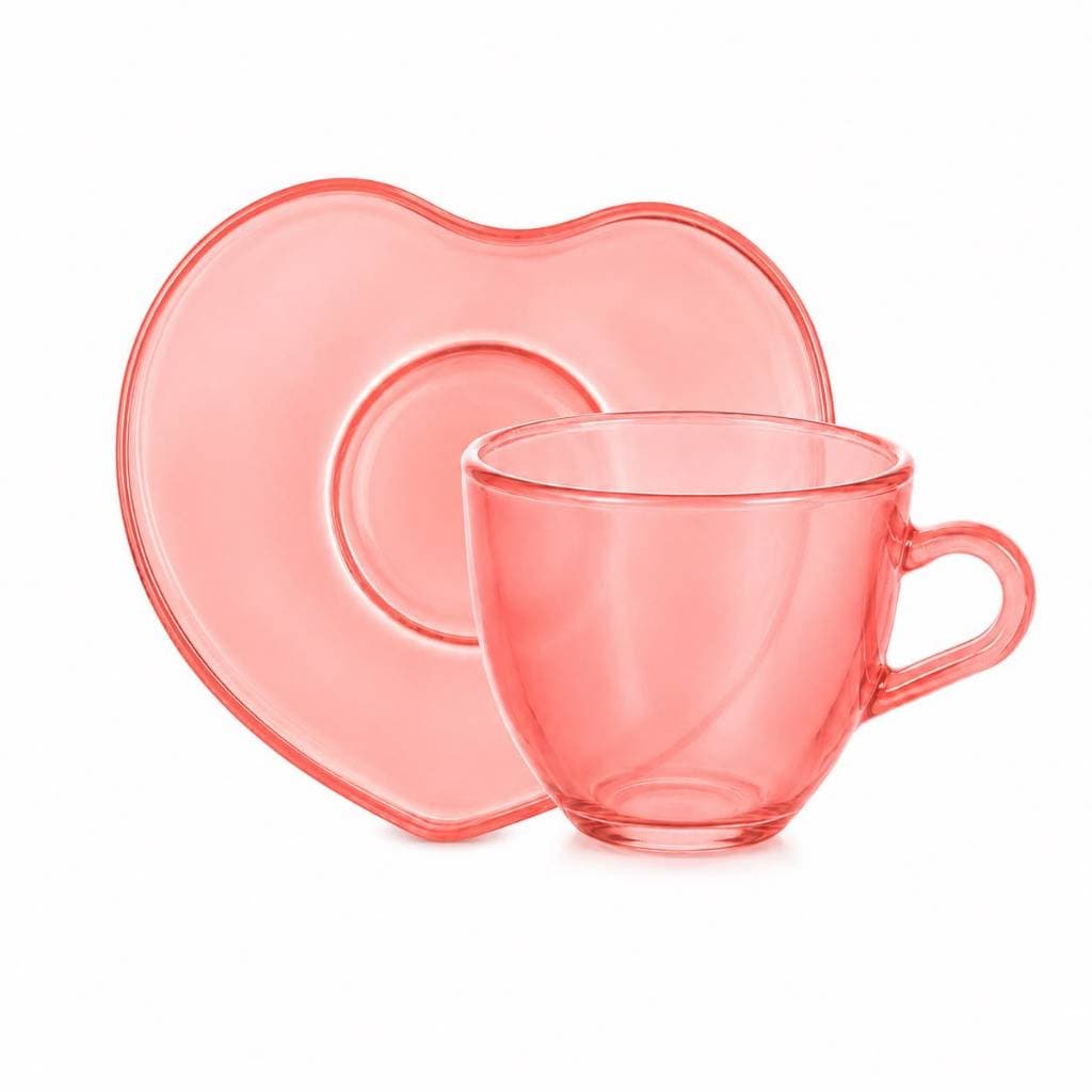 Jogo de Xicara C/ Pires Coração 4 Unidades Translucido Rosa conjunto xícaras rosa