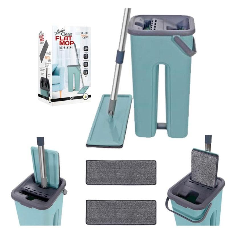 Flat Mop Rodo Esfregão Tira Pó Balde Lava e Seca com 2 Refil Microfibra123Útil
