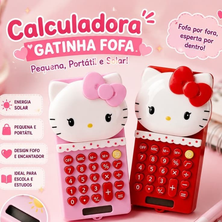 Calculadora de Bolso Gatinha Fofa Solar Pequena Portátil Feminina Escolar Para Escola e Estudos Pronta Entrega