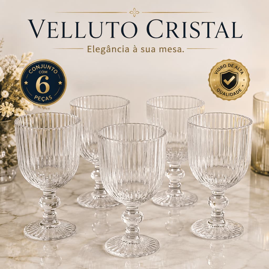 Conjunto 6 Taças de Vidro 380ml Velluto Cristal Transparente para Vinho Bebidas Mesa Posta Jantar Eventos