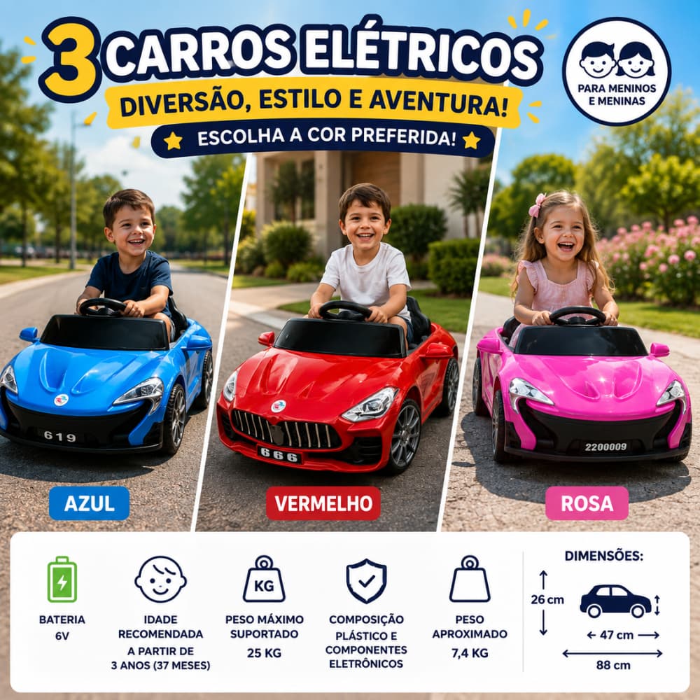 Carro Elétrico Infantil 6V Esportivo Criança Luz Volante Até 25kg Azul Rosa Vermelho