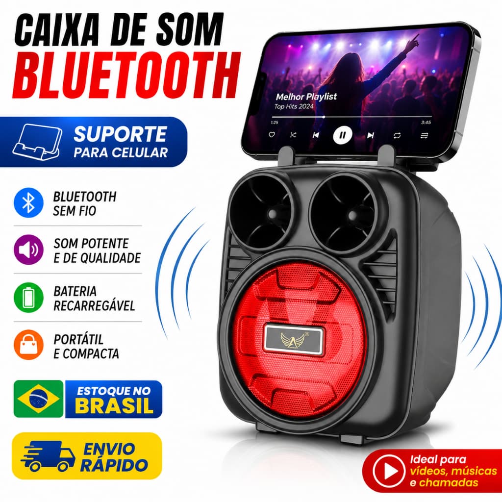 Caixa de Som Bluetooth 3 em 1 10W Rádio FM, Caixa Bluetooth e com Suporte de Celular Portátil