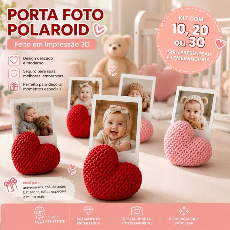 Suporte Foto Polaroid Coração Vermelho Kit 10 20 30  Porta Retrato Lembrancinha Mimo Dia Namorado casamento aniversario