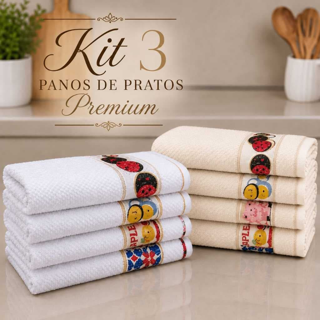Kit 3 Pano De Copa Prato Jacquard 100% Algodão 45x65cm Cozinha Desenhos Na Barra