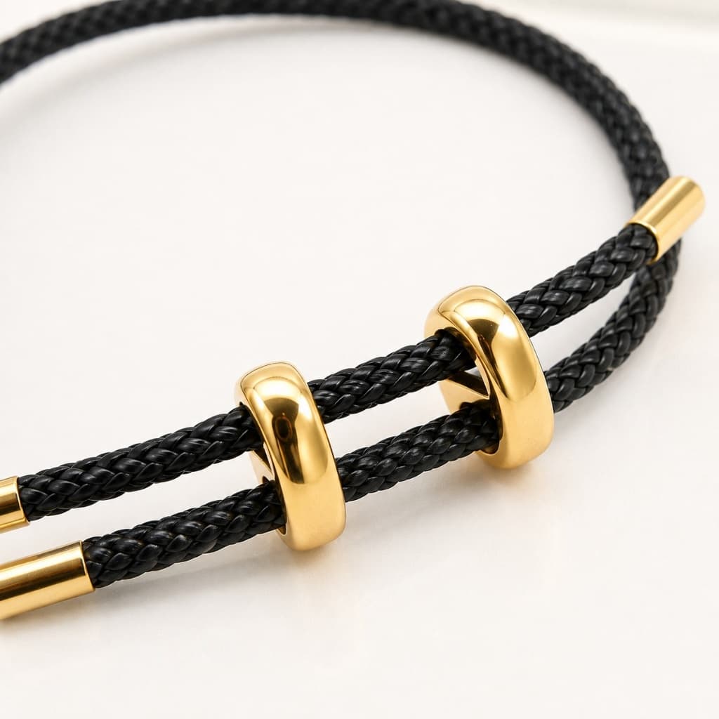 Pulseira Preta Masculina Trançada com Detalhes Dourados ou Prateados Ajustável e Sofisticada