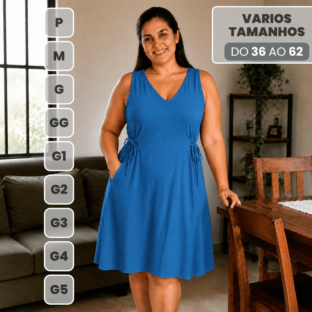 Vestido Regata Soltinho Duna Casual Feminino com Bolsos Laterais e ajuste na Cintura Decote V Moda Evangelica Plus Size